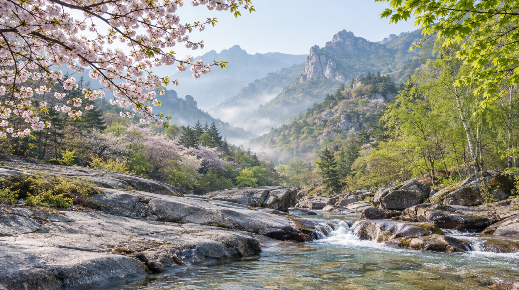 4월 하순 산벚꽃 가지 아래로 보이는 바위 계곡과 맑은 시냇물